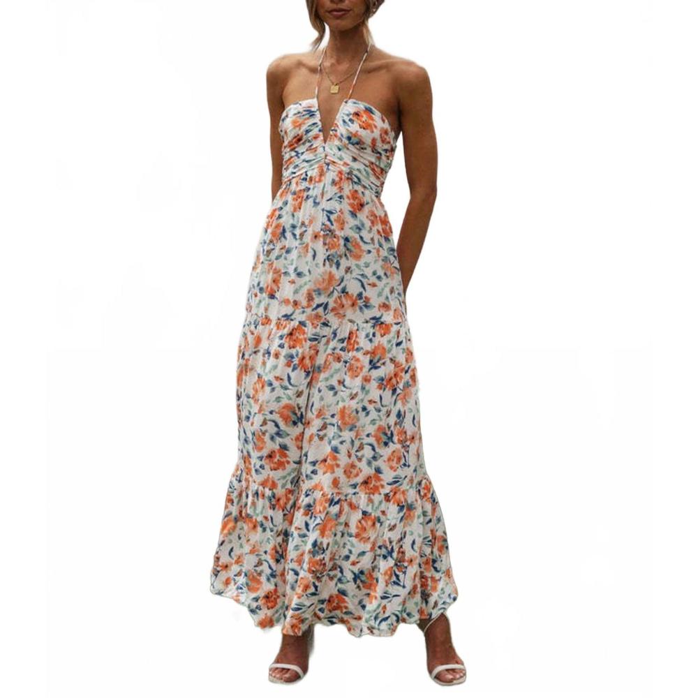 NEW DRESSLILY chiffon v neck floral maxi dress in orange
